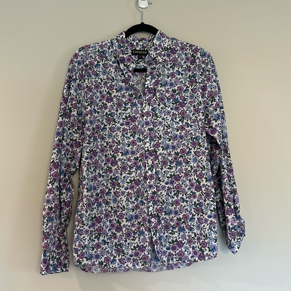 Express Men Dress Shirt - Floral, blues, purples, and white background